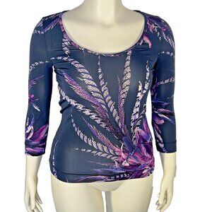 Just Cavalli Purple Feather Design Top with a Scoop Neck   L